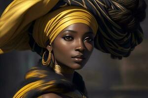 negro mujer en africano turbante en estudio antecedentes. ai generado foto