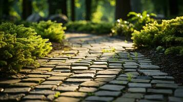 Garden path paving stones and grass.. AI Generated photo