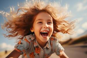 portrait of a little girl riding bike, blurred blue sky background. AI Generated photo