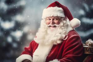 a happy and cheerful Santa Claus standing by a sleighs in North Pole.. AI Generated photo