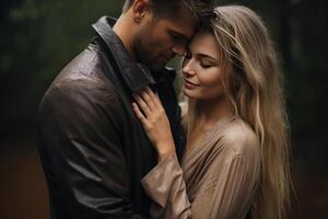 romántico Pareja abrazando en el lluvia. ai generado foto