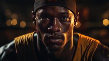 un baloncesto jugador con su manos en el pelota, en el estilo de softbox Encendiendo, oscuro amarillo y oscuro marrón. ai generado foto