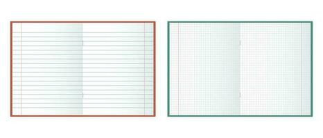 School notebook. Mockup, blank checkered and linear notepads on white background. Illustration, vector
