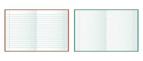 School notebook. Mockup, blank checkered and linear notepads on white background. Illustration, vector