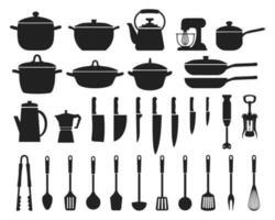 grande conjunto de cocina utensilios, silueta. ollas, fritura sartenes, cucharón, pava, café fabricante, mezclador, licuadora, cuchillos iconos, vector