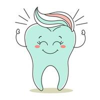 Healthy tooth kawaii character with toothpaste, cute cartoon character. Dental care. Illustration, icon, vector
