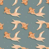 Seamless pattern, cute golden fish and white stars on an emerald background, pastel colors. Print, textile, wallpaper, bedroom decor vector