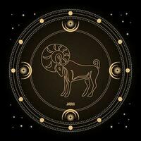 Aries zodiac sign, astrological horoscope sign in a mystical circle with moon, sun and stars. Golden design, vector