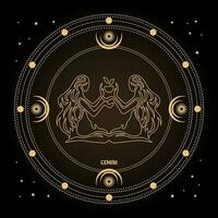 signo del zodiaco géminis, signo del horóscopo astrológico en un círculo místico con luna, sol y estrellas. diseño dorado, vectorial vector