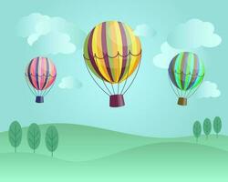 ilustración, globos de rayas de colores en el fondo de un paisaje con árboles y nubes. impresión, póster, vector