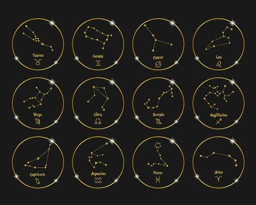 Constellations of zodiac signs in golden shiny circles, set. Golden design on a black background. Icons, vector