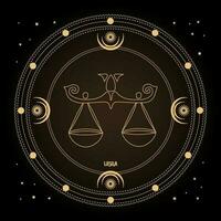 signo del zodiaco libra, signo del horóscopo astrológico en un círculo místico con luna, sol y estrellas. diseño dorado, vectorial vector