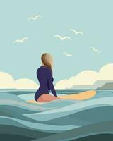 Seascape, girl surfer sits on a surfboard on the waves of the ocean. Active recreation concept. Clip art, print, wall art vector