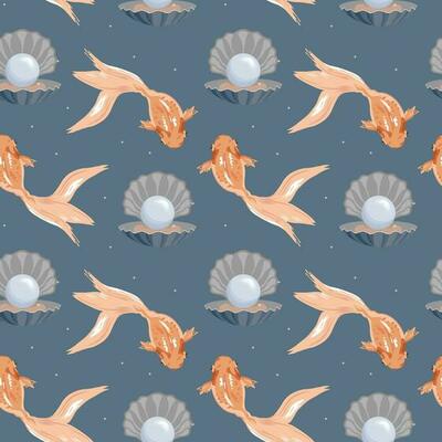 Seamless pattern, cute golden fish and white pearls in shells on a blue background, pastel colors. Print, textile, wallpaper, bedroom decor
