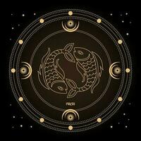 Pisces zodiac sign, astrological horoscope sign in a mystical circle with moon, sun and stars. Golden design, vector