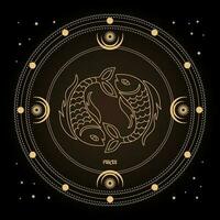 Pisces zodiac sign, astrological horoscope sign in a mystical circle with moon, sun and stars. Golden design, vector