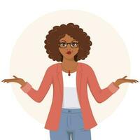 A young woman in glasses with an expression of bewilderment, doubt. Emotions and gestures. Flat style illustration, vector