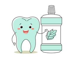 Healthy tooth kawaii character with tooth rinse, cute cartoon character. Dental care. Illustration, icon, vector