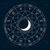 Astrological signs of the zodiac in a mystical circle with the sun on a cosmic background. Horoscope illustration, vector