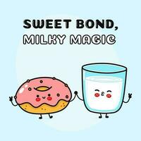 Pink donut and glass of milk character. Vector hand drawn cartoon kawaii characters, illustration icon. Funny cartoon happy pink donut and glass of milk friends