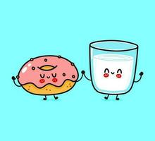Pink donut and glass of milk character. Vector hand drawn cartoon kawaii characters, illustration icon. Funny cartoon happy pink donut and glass of milk friends