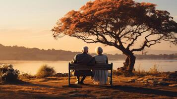 Older man and a old woman sitting on a wooden bench. AI Generated photo