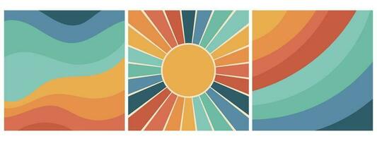 Set of colorful retro groovy backgrounds with rainbow and sun. Trendy groovy print design for posters, cards, banners vector