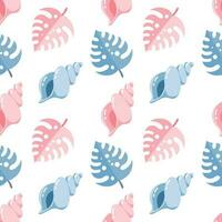 Seamless pattern, sea shells and tropical monstera leaves. Print, summer background, textile, vector