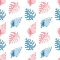 Seamless pattern, sea shells and tropical monstera leaves. Print, summer background, textile, vector