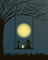 Night landscape, silhouettes of a girl with a lantern and a cat on a hanging swing, sky and moon. Children's illustration, poster, banner vector