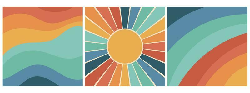 Set of colorful retro groovy backgrounds with rainbow and sun. Trendy groovy print design for posters, cards, t-shirts