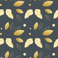 Seamless pattern, golden leaves with a contour on a gray background. Vintage background, print, textile, vector