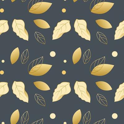 Seamless pattern, golden leaves with a contour on a gray background. Vintage background, print, textile, vector