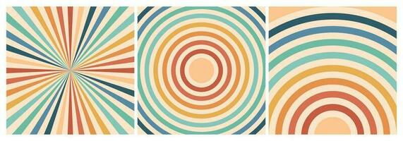 Set of colorful retro groovy backgrounds with rainbow and sun. Trendy groovy print design for posters, cards, banners vector