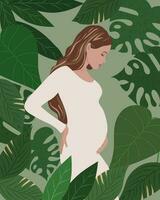 Beautiful pregnant woman in a light dress on a background of tropical leaves. Poster, print, flat illustration vector