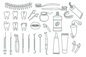 dental íconos colocar, odontología símbolos recopilación. bocetos, logo ilustraciones, dental clínica lineal señales embalar. vector