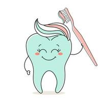 Healthy tooth kawaii character with toothpaste and toothbrush, cute cartoon character. Dental care. Illustration, icon, vector
