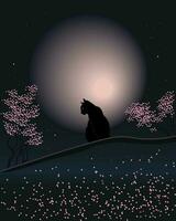 Night landscape, silhouette of a black cat on a tree and the moon on an abstract starry background. Poster, Illustration, wallpaper, vector