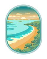 Seascape from the window of an airplane porthole. Summer vacation and travel illustration, vector