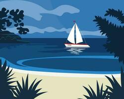 Seascape, sailboat, yacht on the sea with tropical plants. Summer illustration, poster, vector