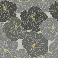 Seamless pattern, gray-gold hibiscus flowers close-up. Vintage background, print, textile, vector