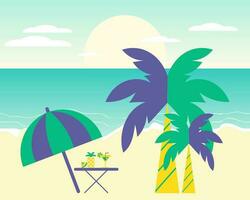 Seascape, beach umbrella, cocktail, pineapple on the background of the sea with palm trees. Clip art, print, poster vector