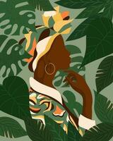 ilustración, hermosa africano mujer en un antecedentes de tropical hojas. póster, imprimir, plano ilustración vector