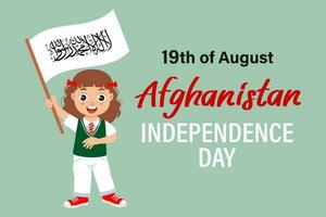 Afghanistan Independence Day. Cute little girl with Afghanistan flag. Cartoon illustration, banner, poster, vector