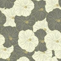 Seamless pattern, beige hibiscus flowers with a golden outline. Retro print, textile, background, vector