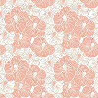Seamless pattern, soft pink hibiscus flowers with white outline. Retro print, textile, background, vector