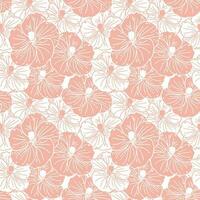 Seamless pattern, soft pink hibiscus flowers with white outline. Retro print, textile, background, vector