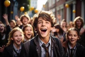 Imagine a vibrant scene with a diverse group of students and teachers, full of anticipation and excitement, standing outside a school building on a sunny morning. photo