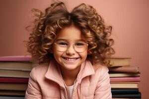 portrait of a happy child little girl with glasses sitting on a stack of books and reading a books, light pink background. photo