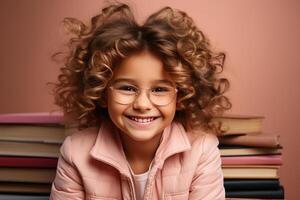 portrait of a happy child little girl with glasses sitting on a stack of books and reading a books, light pink background. AI Generated photo